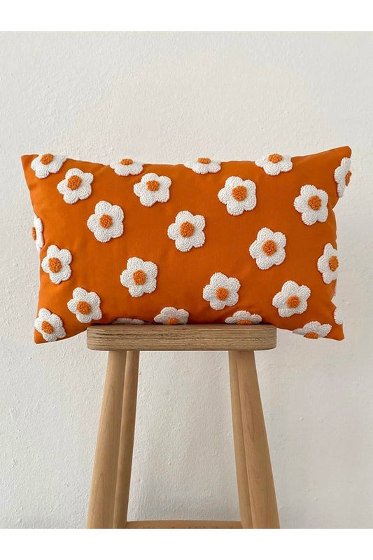 ORANGE DAISY FLOWERS Cushion - Tufted Embroidered Handmade