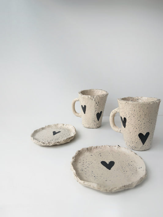 Handmade Retro Black Heart Cup with Plate