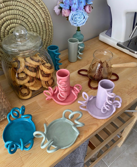 Handmade Swirl Handle Cup with Plate