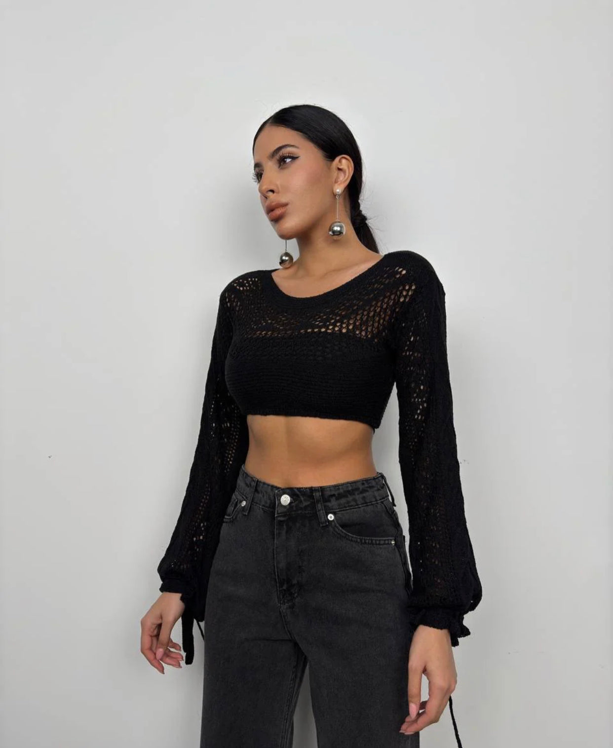 CROP KNITWEAR BLOUSE -BLACK