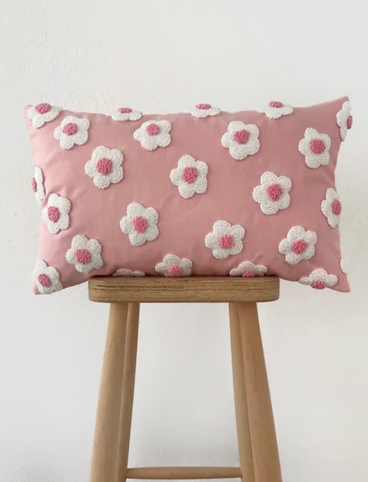 PINK FLOWERS Cushion - Tufted Embroidered Handmade