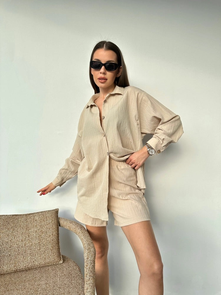 CREASED-EFFECT SET SHIRT + SHORTS