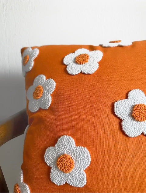 ORANGE FLOWERS Cushion - Tufted Embroidered Handmade