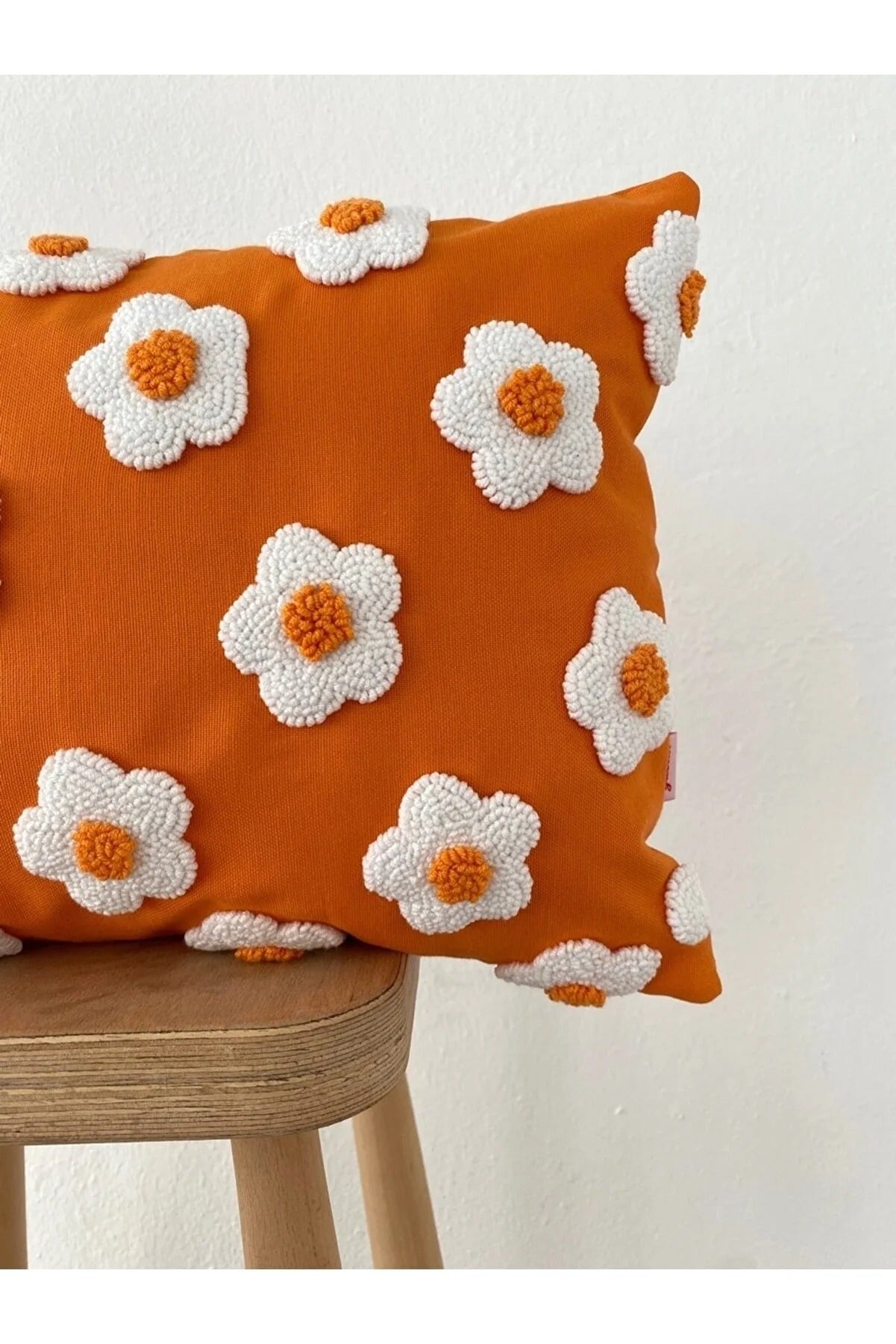 ORANGE DAISY FLOWERS Cushion - Tufted Embroidered Handmade