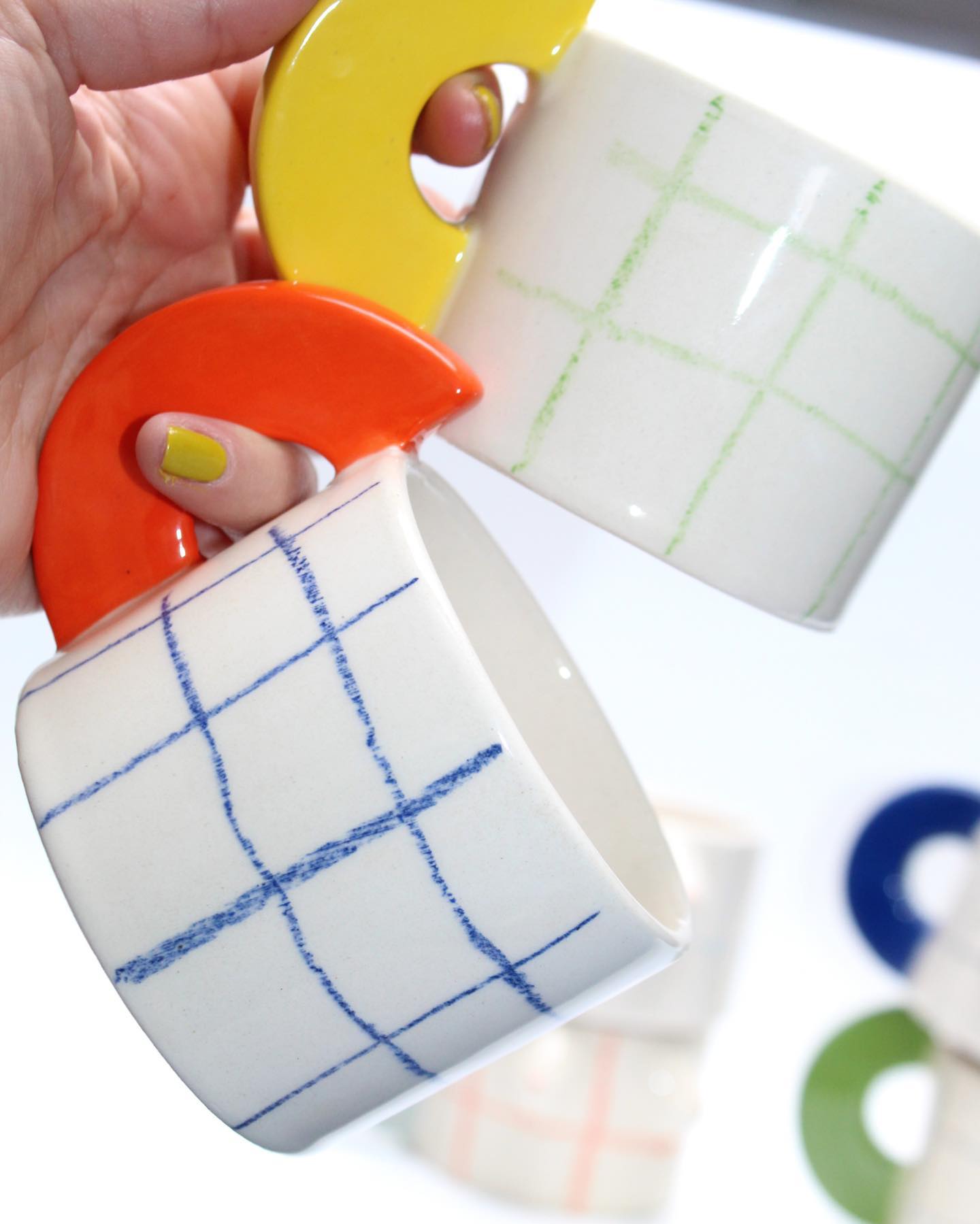 Handmade Grid Checkered - Yellow Handle Ceramic Mug