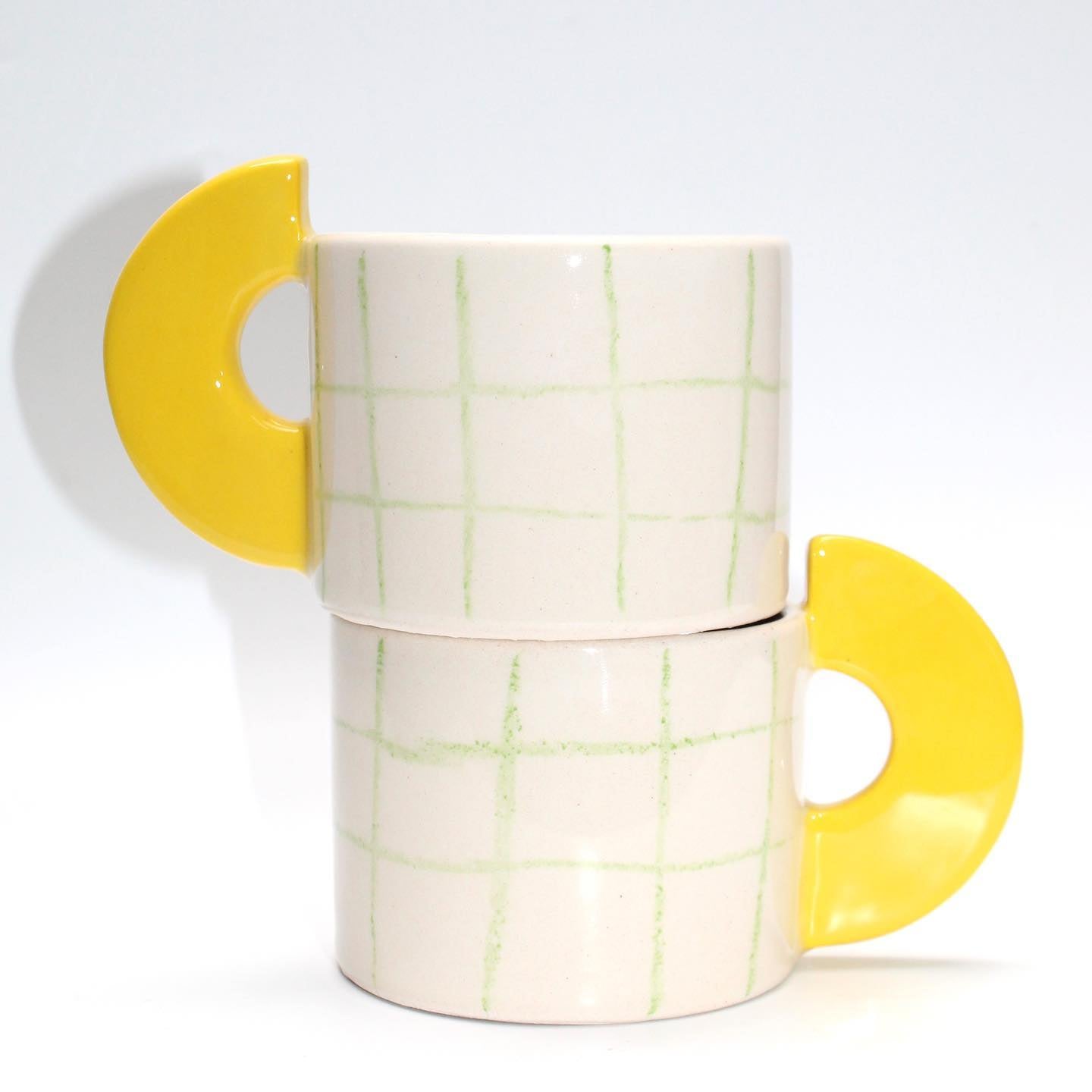 Handmade Grid Checkered - Yellow Handle Ceramic Mug