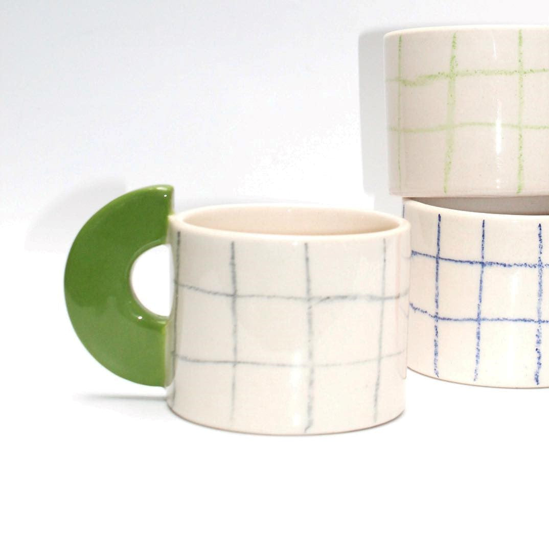 Handmade Grid Checkered - Green Handle Ceramic Mug