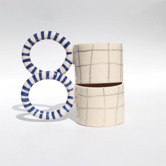 Handmade Grid Checkered - Blue Round Handle Ceramic Mug