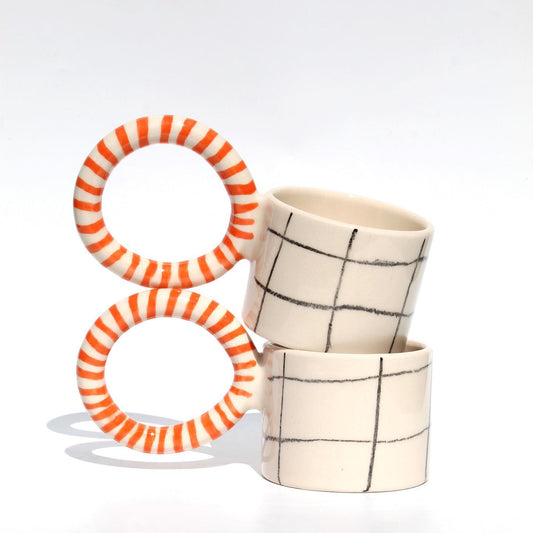 Handmade Grid Checkered - Tangerine Round Handle Ceramic Mug