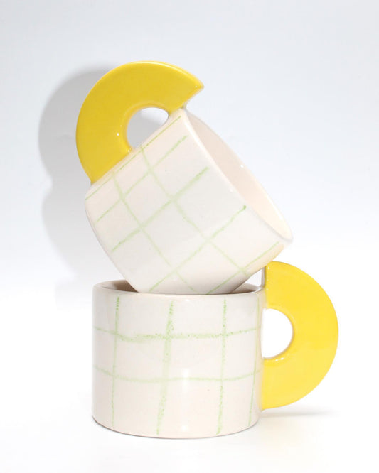 Handmade Grid Checkered - Yellow Handle Ceramic Mug