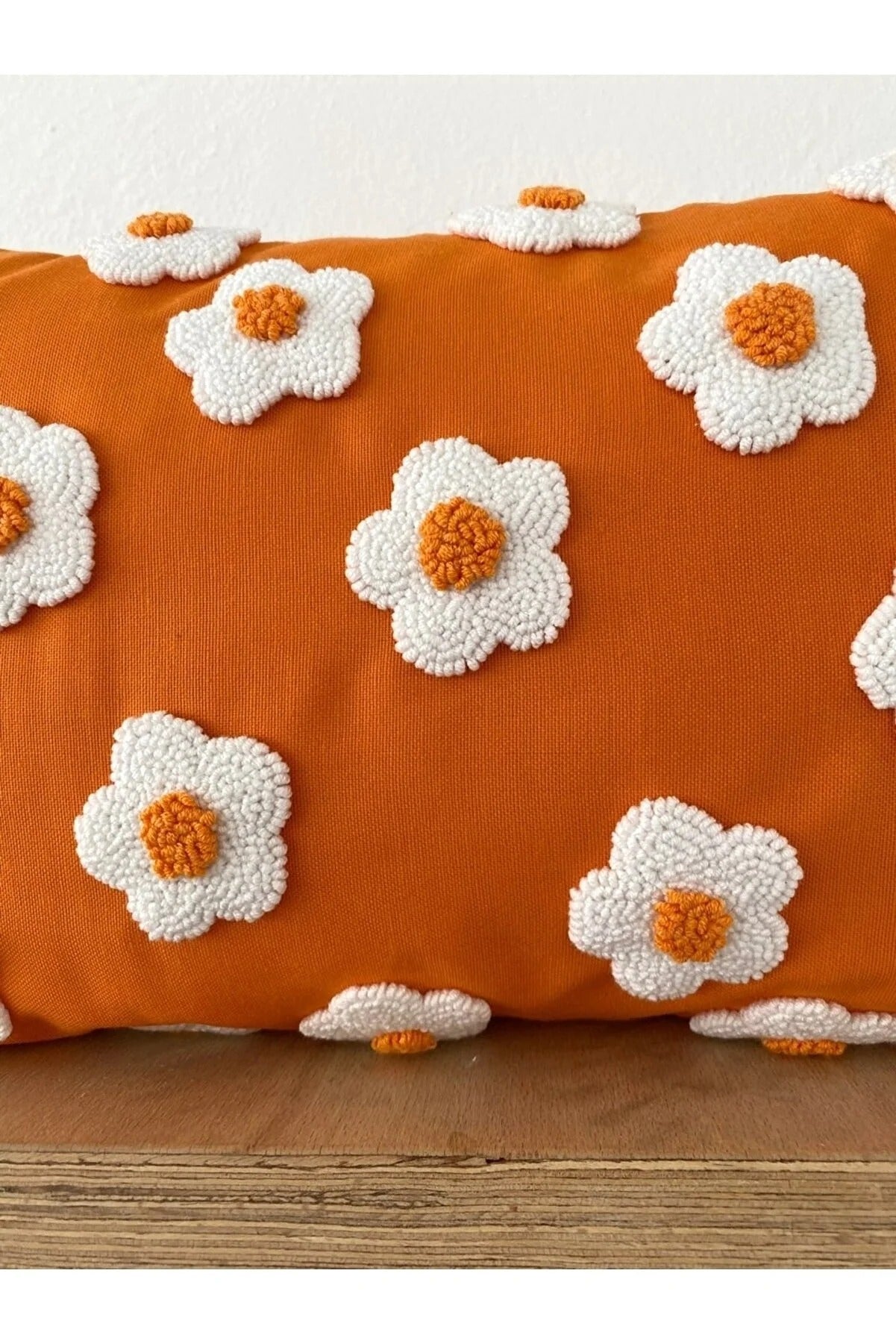 ORANGE DAISY FLOWERS Cushion - Tufted Embroidered Handmade