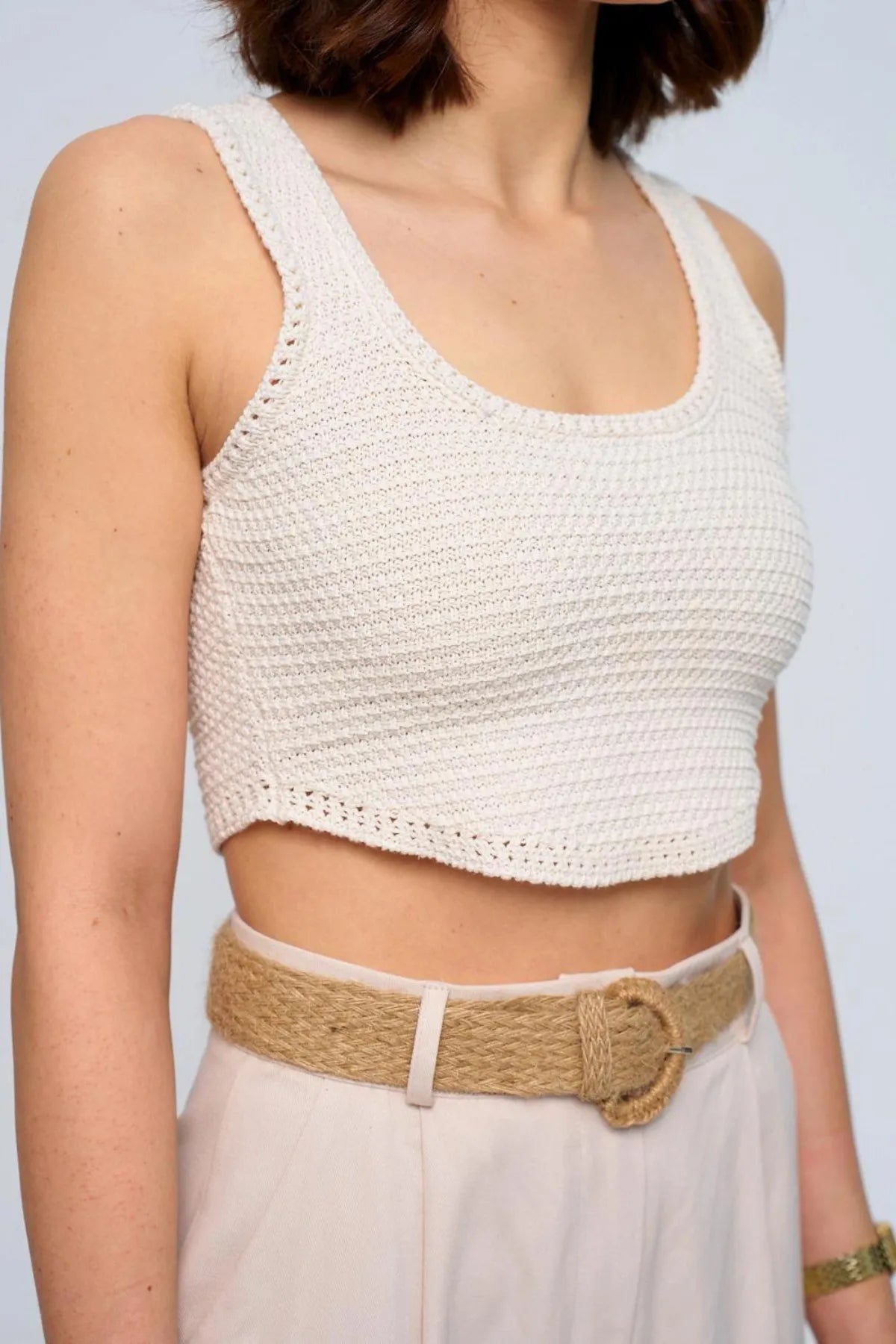 CROCHET KNITWEAR CROP TOP - ECRU