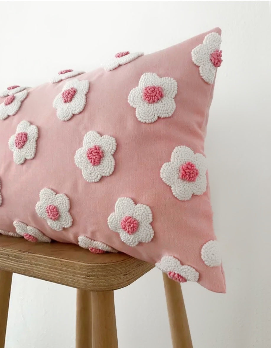 PINK FLOWERS Cushion - Tufted Embroidered Handmade