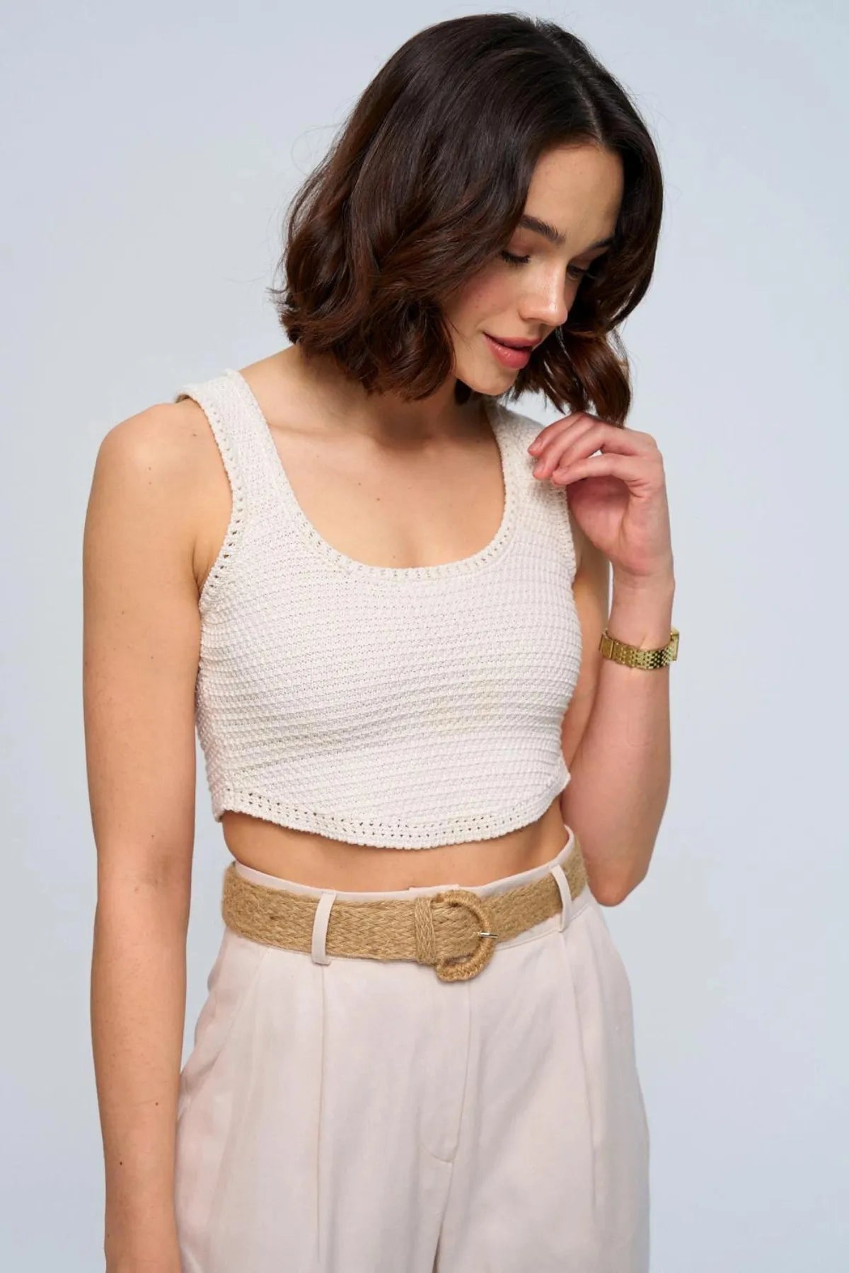 CROCHET KNITWEAR CROP TOP - ECRU