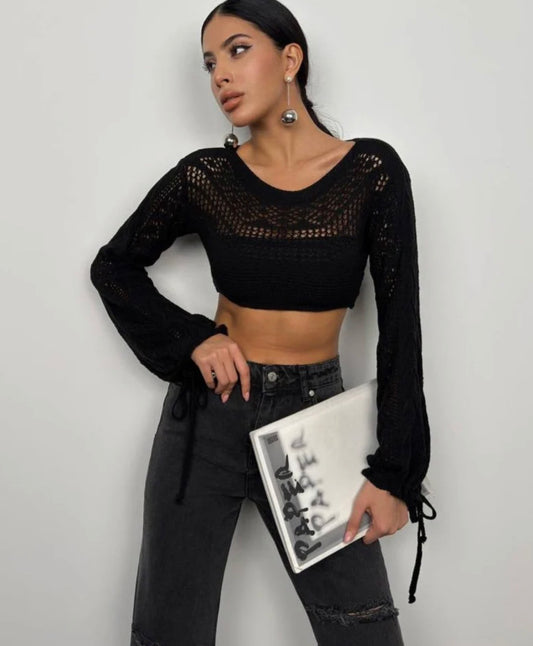 CROP KNITWEAR BLOUSE -BLACK