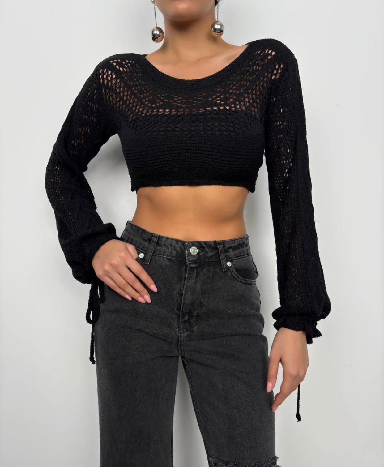 CROP KNITWEAR BLOUSE -BLACK