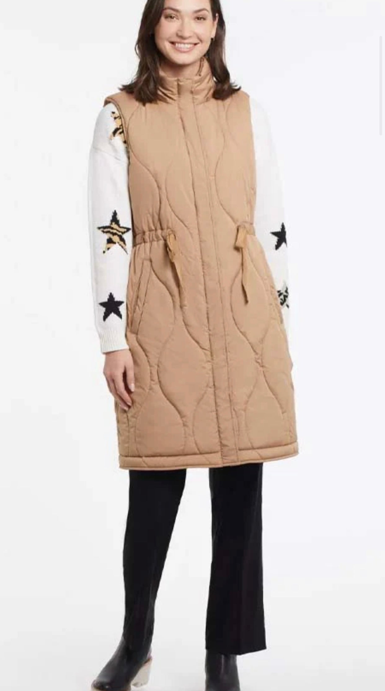 Long puffed vest beige color