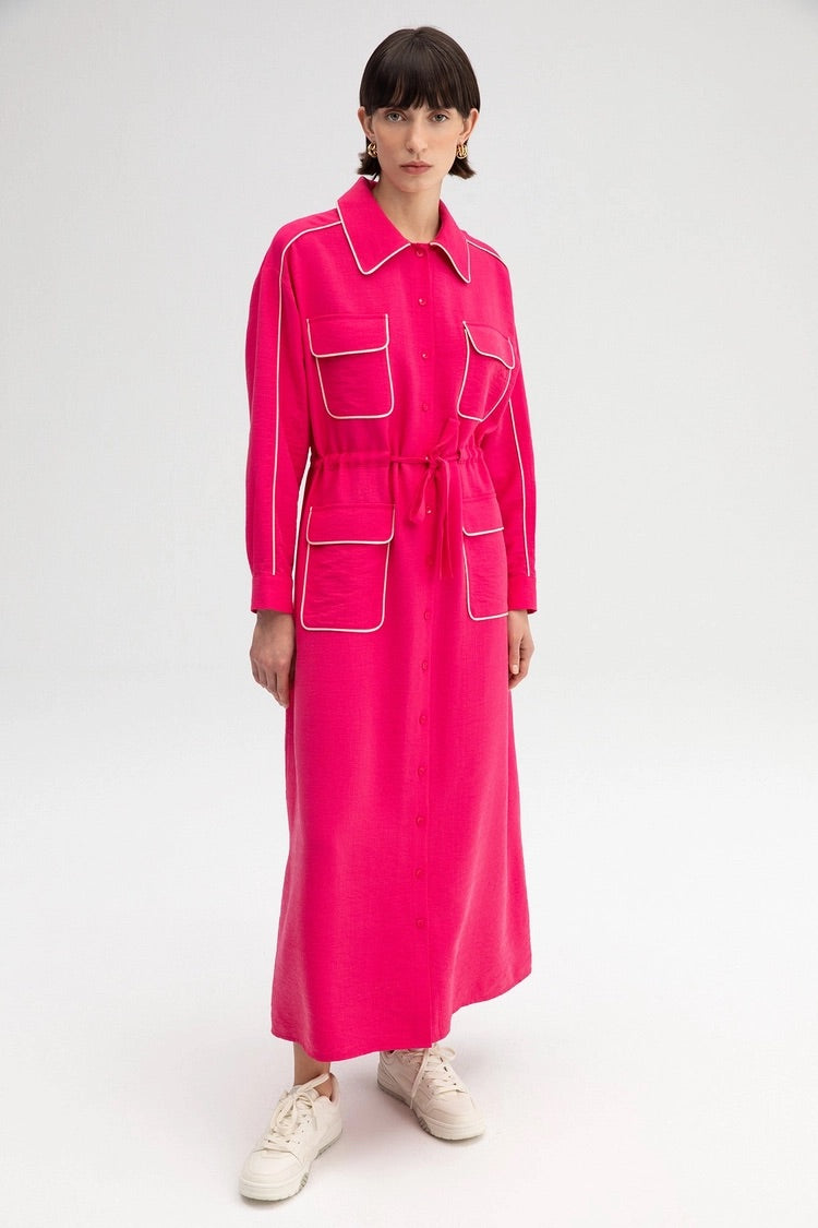 Last pieces sale. FRILLED DRESS WITH RIBBED POCKET FUSHIA