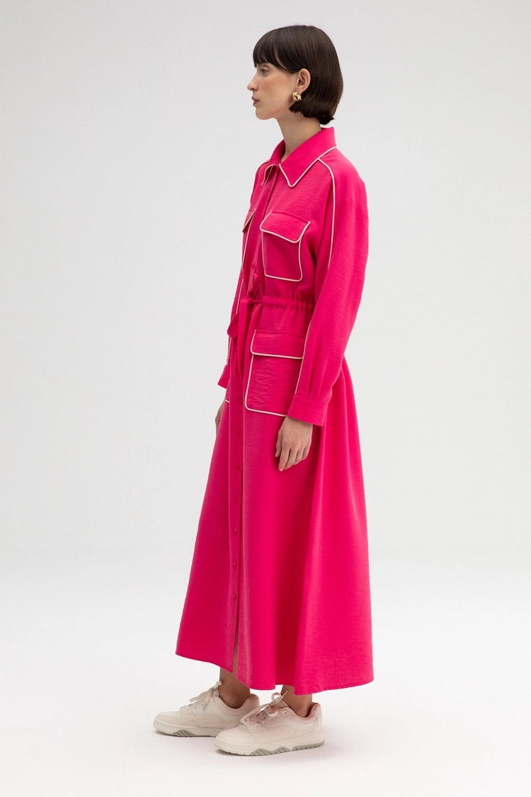 Last pieces sale. FRILLED DRESS WITH RIBBED POCKET FUSHIA