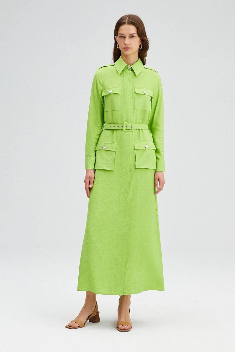 Last pieces sale. POCKET DETAILED DRESS WITH BELT. LIGHT GREEN