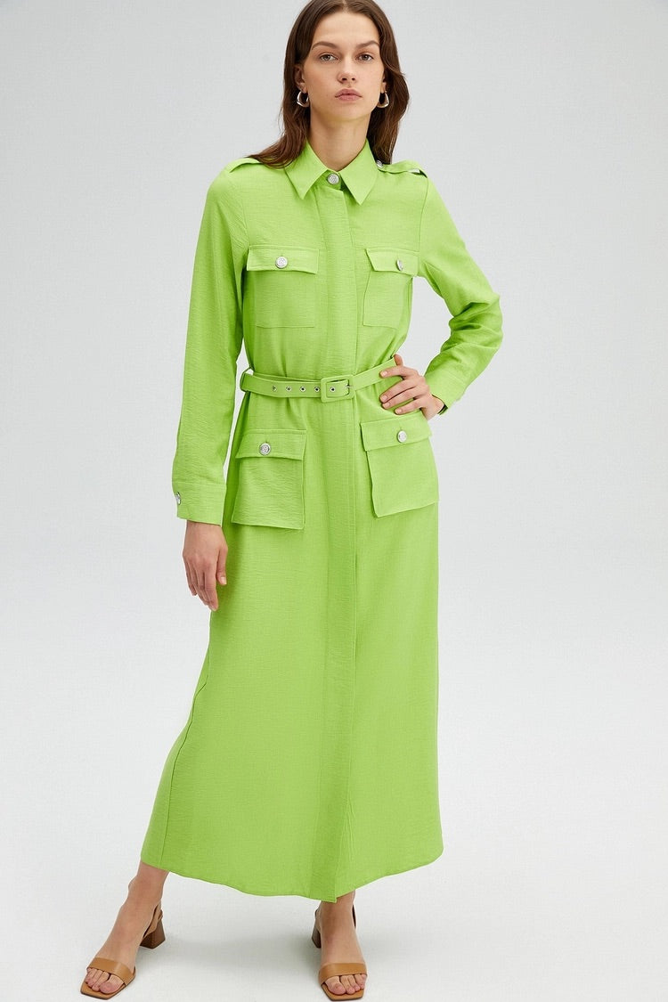 Last pieces sale. POCKET DETAILED DRESS WITH BELT. LIGHT GREEN