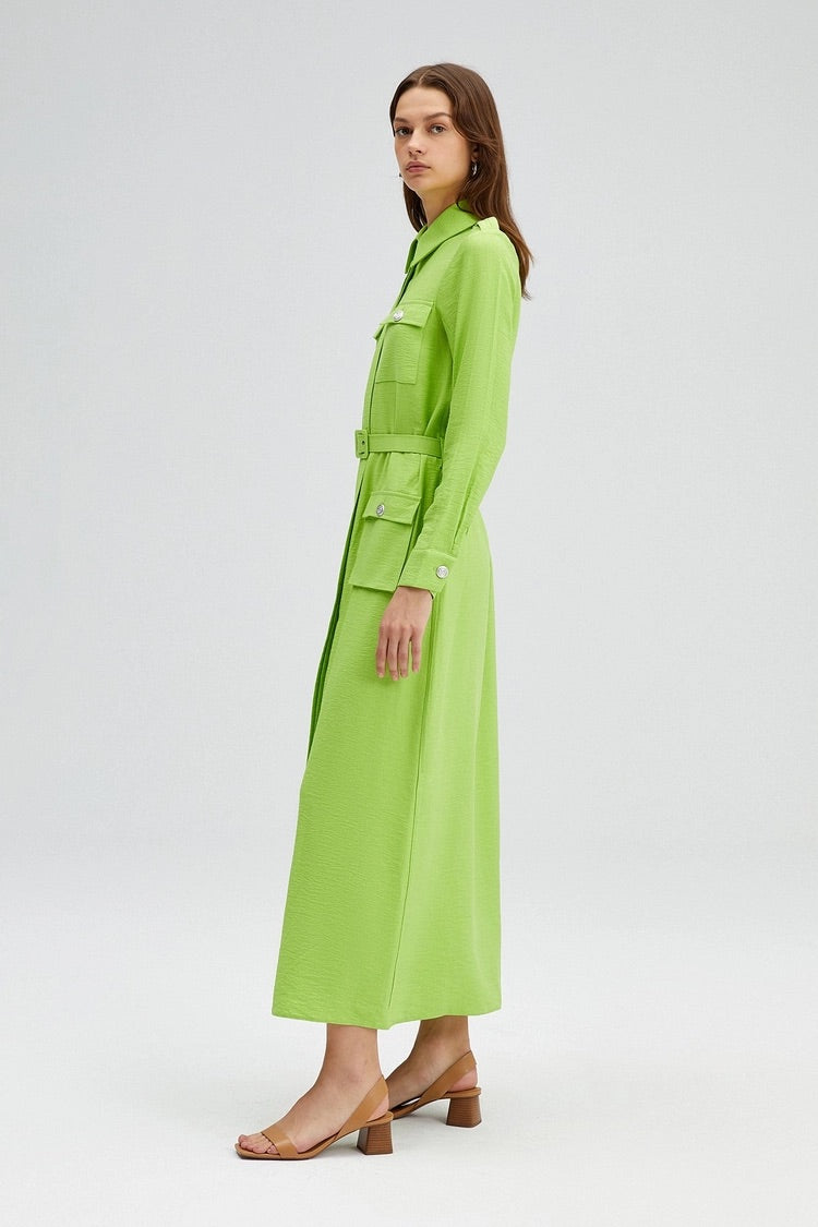 Last pieces sale. POCKET DETAILED DRESS WITH BELT. LIGHT GREEN