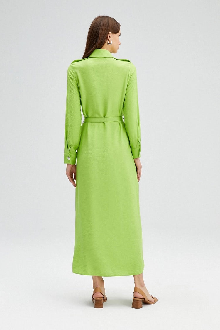 Last pieces sale. POCKET DETAILED DRESS WITH BELT. LIGHT GREEN