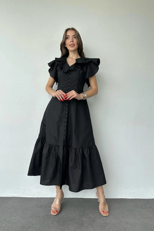 RUFFLE DRESS - BLACK 100% cotton