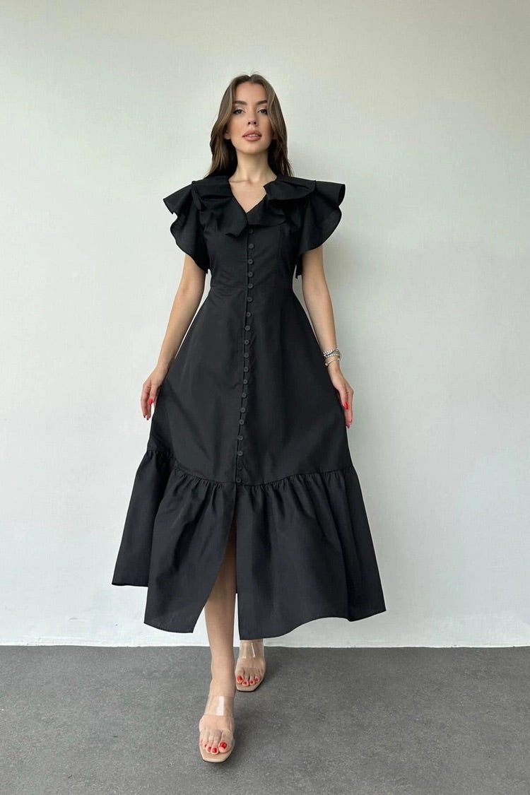 RUFFLE DRESS - BLACK 100% cotton