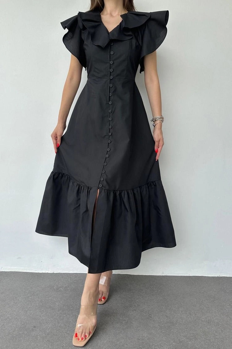 RUFFLE DRESS - BLACK 100% cotton