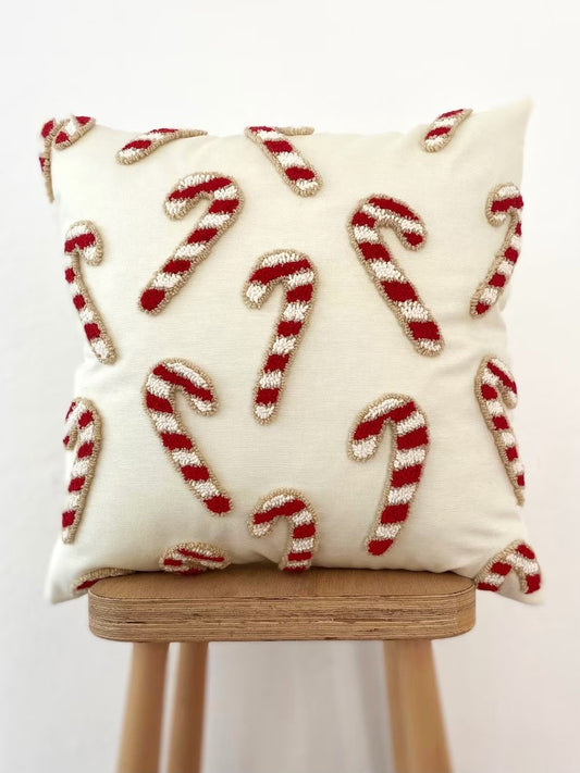 Christmas Candy Cane Cushion - Tufted Embroidered Handmade