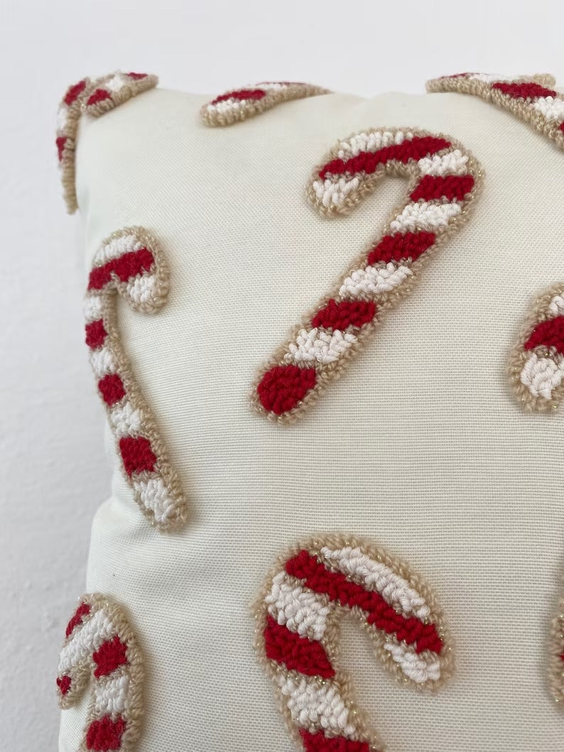 Christmas Candy Cane Cushion - Tufted Embroidered Handmade