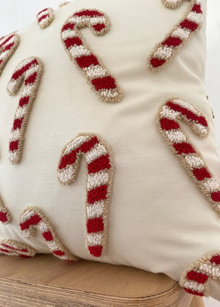 Christmas Candy Cane Cushion - Tufted Embroidered Handmade