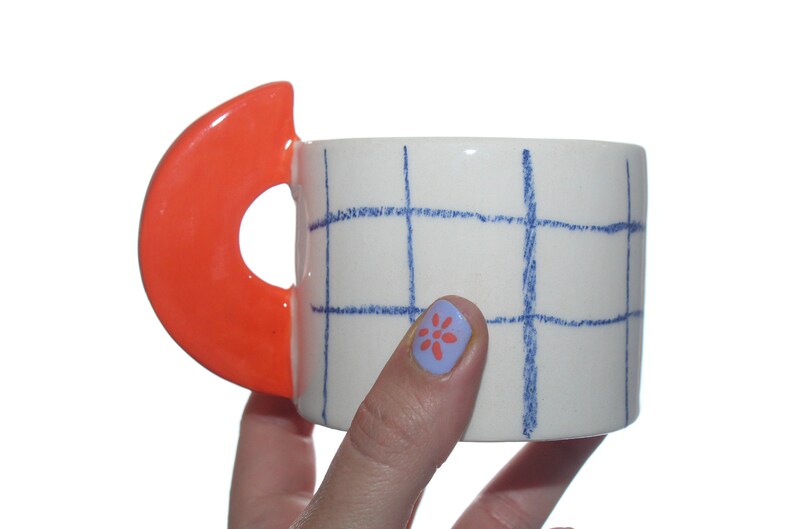 Handmade Grid Checkered - Red Handle Ceramic Mug