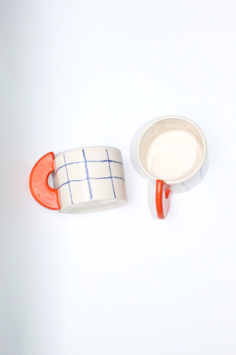 Handmade Grid Checkered - Red Handle Ceramic Mug