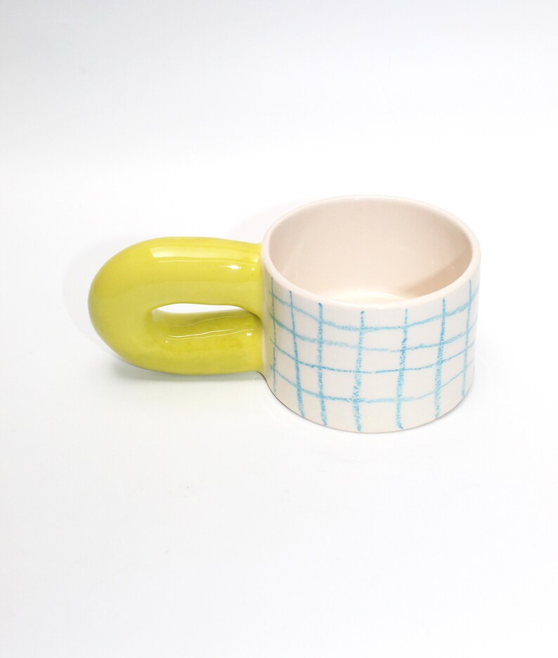 Handmade Grid Checkered - Lime Handle Ceramic Mug