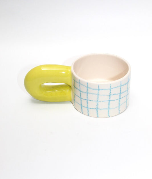 Handmade Grid Checkered - Lime Handle Ceramic Mug