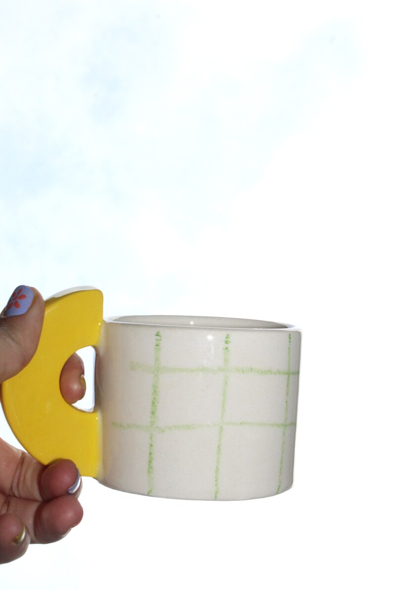 Handmade Grid Checkered - Yellow Handle Ceramic Mug