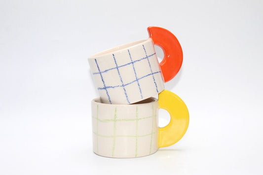 Handmade Grid Checkered - Red Handle Ceramic Mug