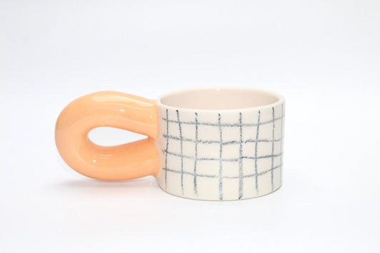 Handmade Grid Checkered - Peach Handle Ceramic Mug