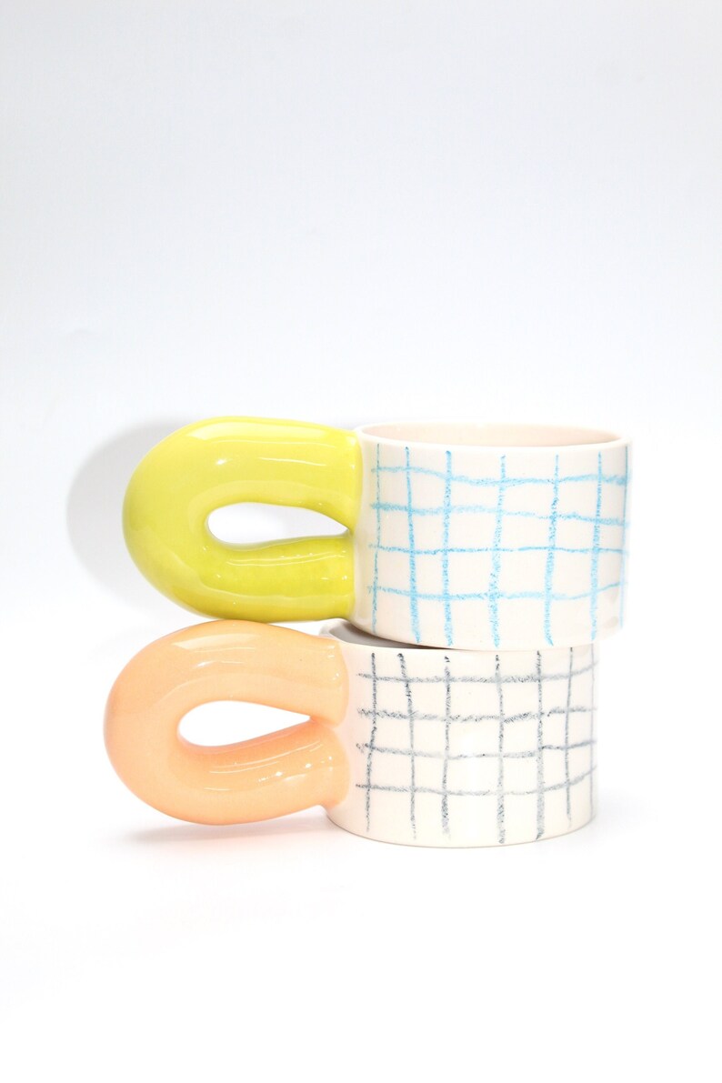 Handmade Grid Checkered - Lime Handle Ceramic Mug