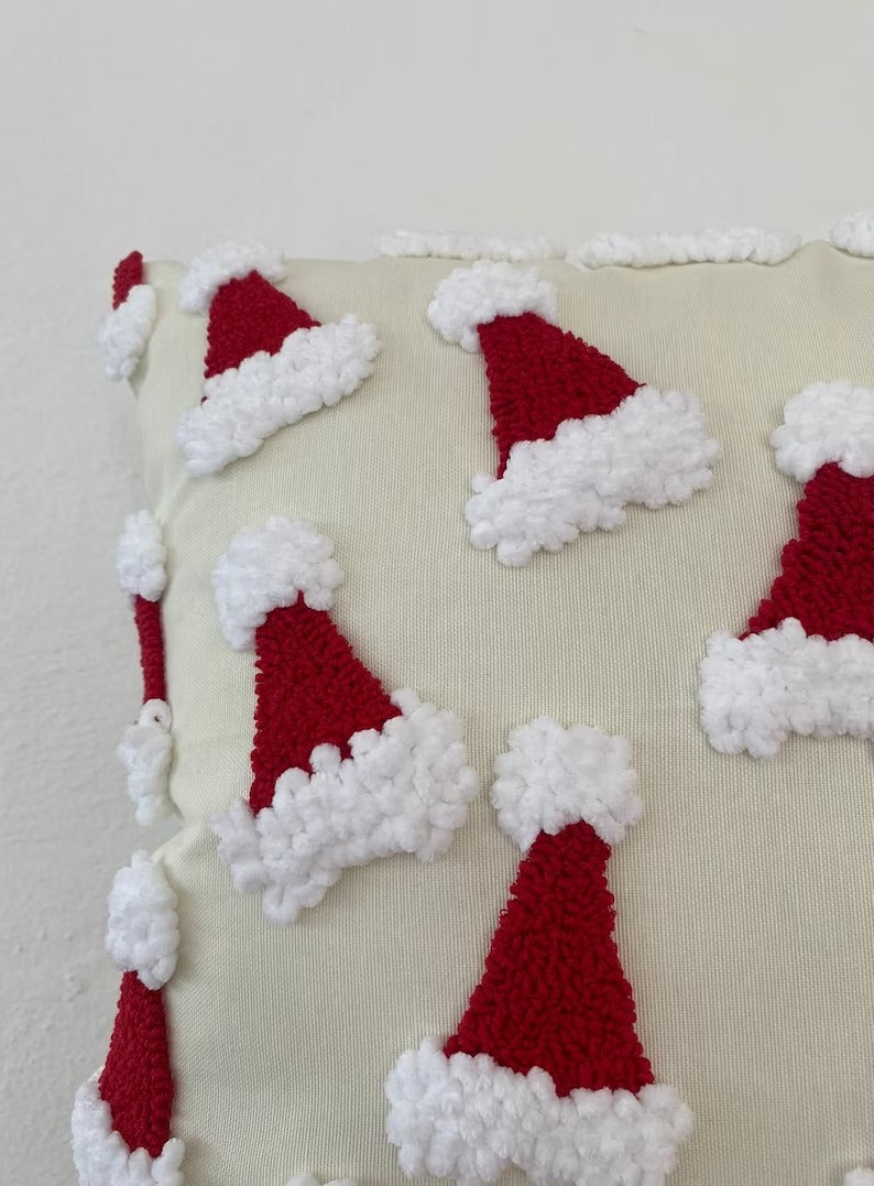 Festive Christmas Hat Punch Cushion - Tufted Embroidered Handmade