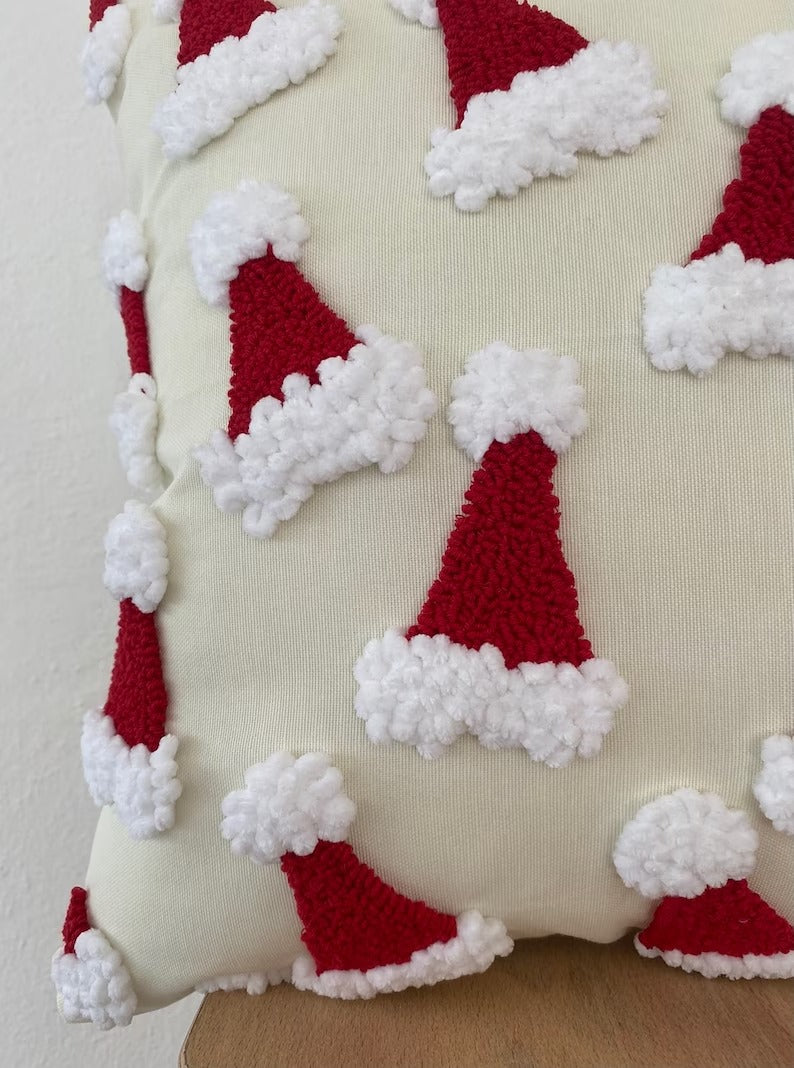 Festive Christmas Hat Punch Cushion - Tufted Embroidered Handmade