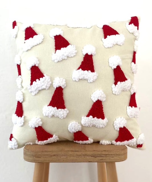 Festive Christmas Hat Punch Cushion - Tufted Embroidered Handmade