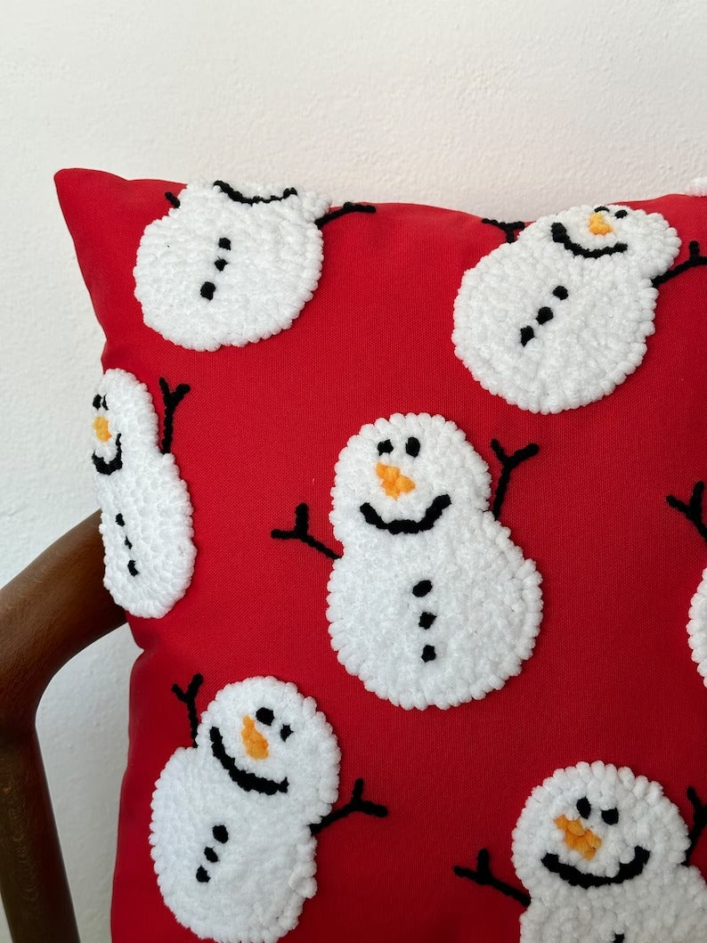 Christmas Snowman Cushion-Tufted Embroidered Handmade