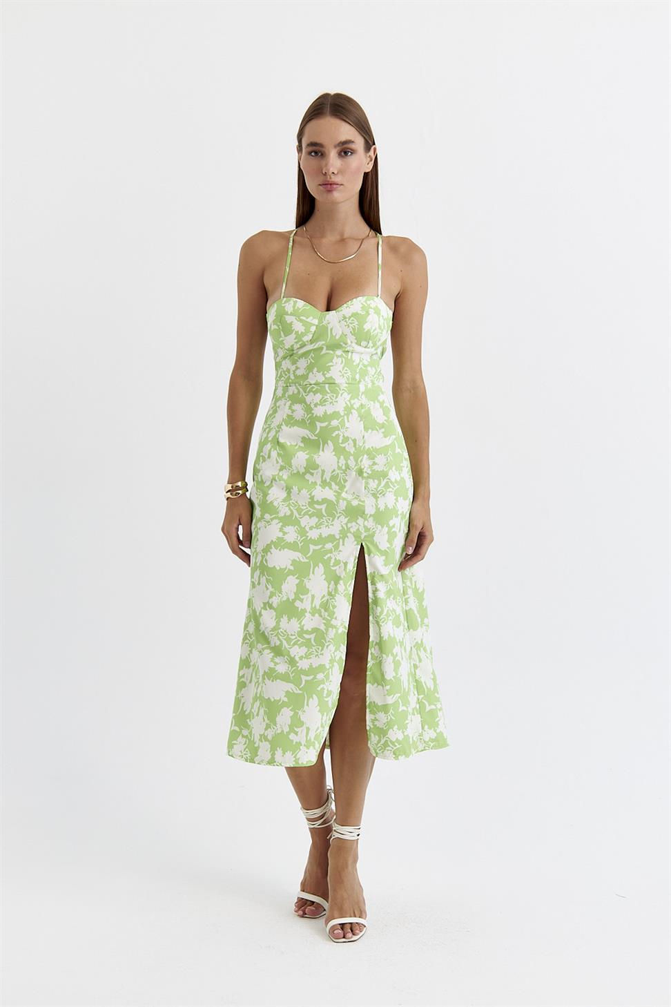 Printed green x white dress