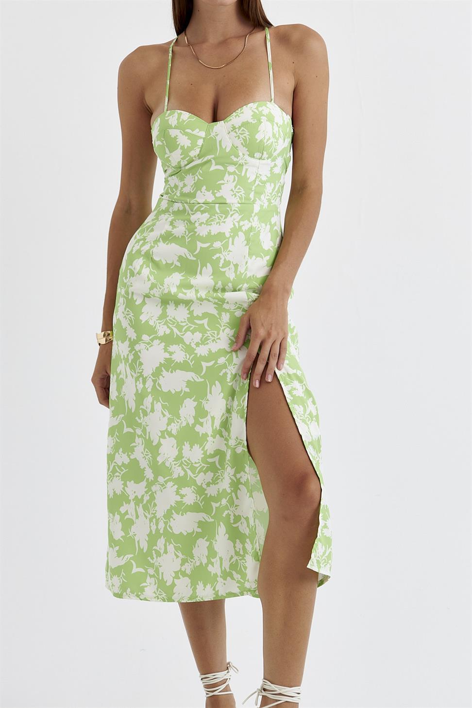 Printed green x white dress